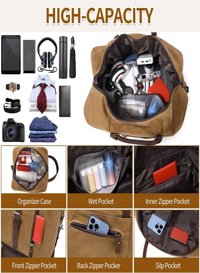FENGDONG Weekender Bag Large Overnight Bag for Men Women Tote with Shoe Compartment Canvas Carry on Luggage Bag Travel Duffel Bag Brown - Image 4